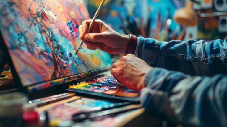 Close-up of artist's hand with a brush painting a vibrant abstract artwork on canvas in a creative studio setting.