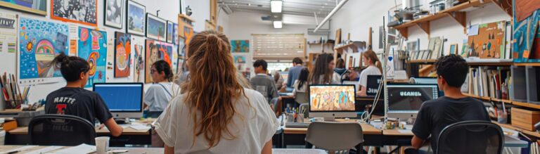 A bustling art room with students engaged in diverse projects.